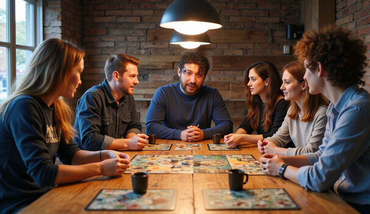 A diverse group of gamers collaborating and strategizing around a table with gaming equipment, emphasizing teamwork and shared passion.