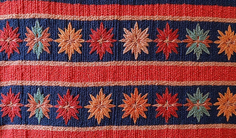 A close-up of a vibrant, intricately woven traditional textile, highlighting cultural artistry.