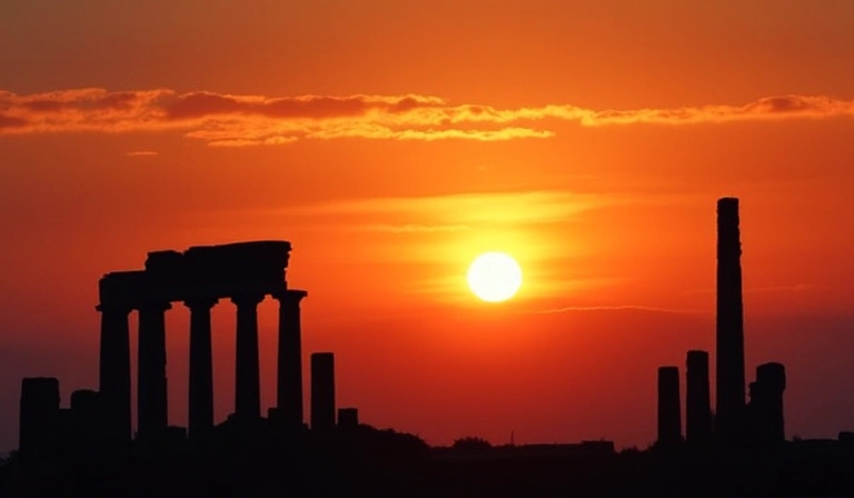 Ancient ruins silhouetted against a sunset, evoking a sense of enduring history and mystery.