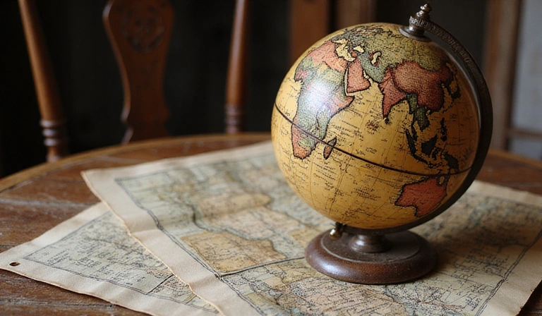 Vintage globe and old maps on a wooden desk, symbolizing historical discovery and heritage research.