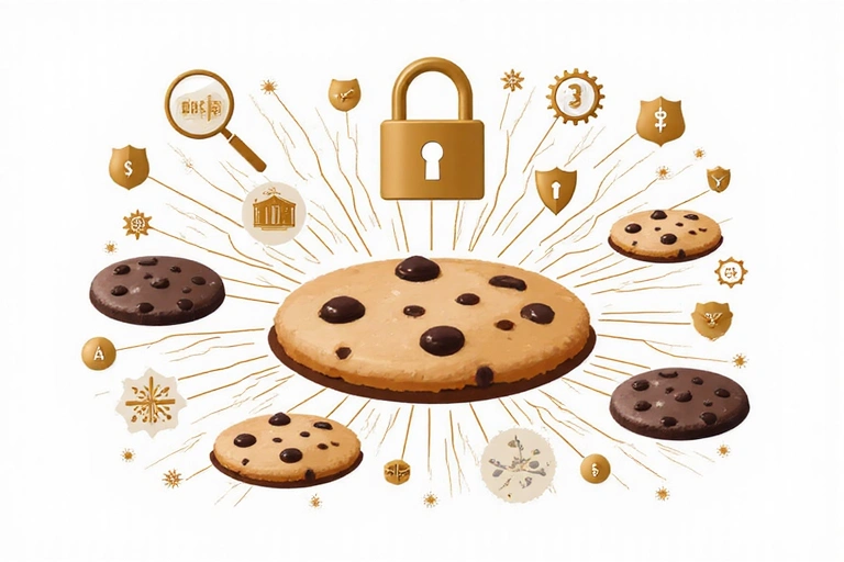 Illustration of various cookies and data privacy symbols