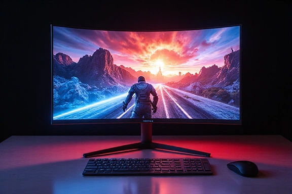 Curved gaming monitor displaying a vibrant game scene