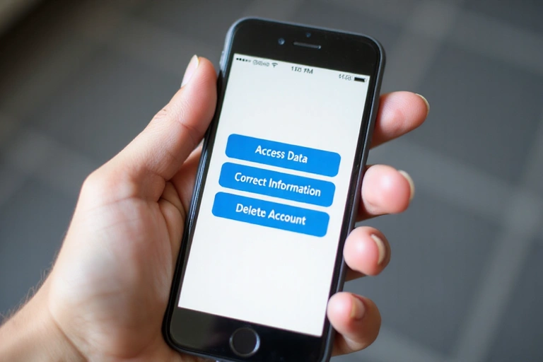 A hand holding a smartphone displaying a user profile with options for 'Access', 'Correct', and 'Delete' data, symbolizing user rights.
